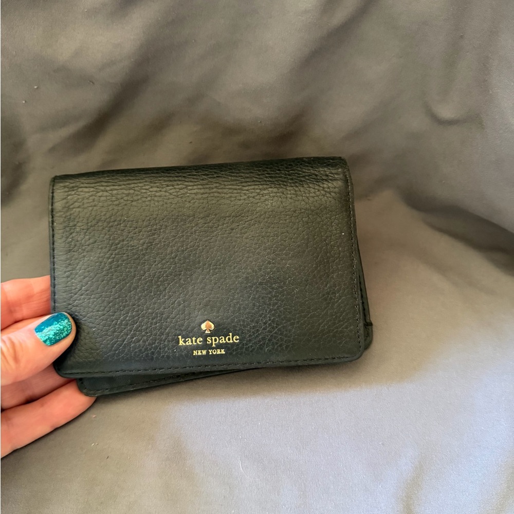 kate spade Black Pebbled Leather Compact Wallet with Gold Logo